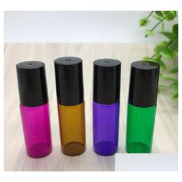 Bouteille de parfum 5 ml 1 / 6 oz Ambre Vert Violet Bleu Verres Roller sur bouteilles Huile essentielle vide par avec rouleau en acier inoxydable en verre Dhxhb