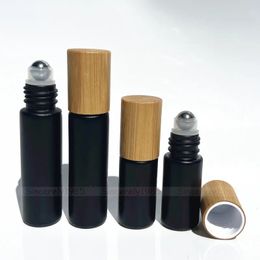 Parfumflesje 6X 12X 24X 5ML 10ML Natuurlijk Bamboe Deksel/Dop Zwart Glas Essentiële Olie Roll On Flessen Metalen Rollerballen voor Parfum Aromatherapie 231020