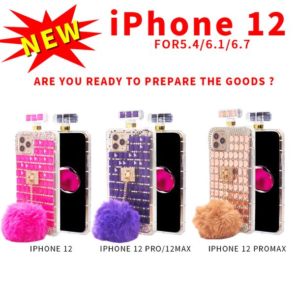 Botella de perfume Diamond Phone Case para iPhone 12 6.1 6.7 5.4 pulgadas IP11 Fur Ball Diamond Phone Case Cover