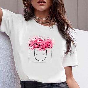 Parfumfles, bloem-print, korte mouwen, rond-hals T-shirt voor vrouwen in 2020