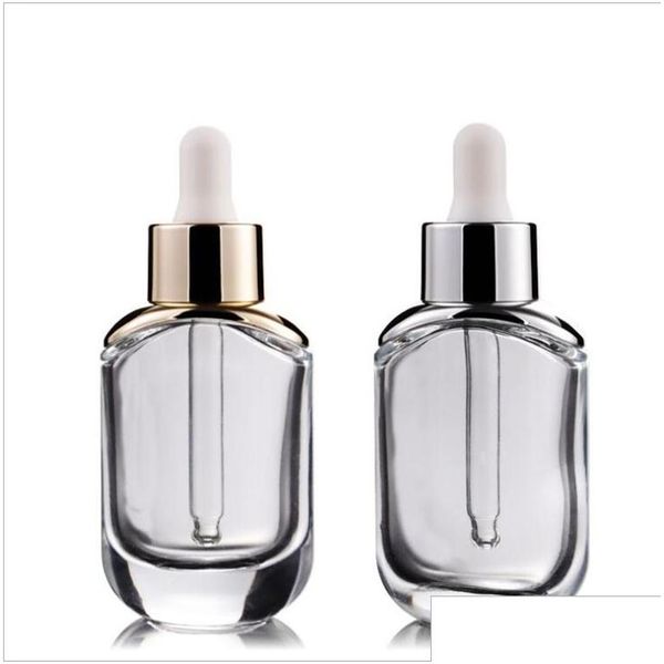 Botella de perfume Cosmético transparente de alto grado 30 ml Esencia Líquido Gotero de base con tapa de oro Sier En stock Entrega de gota Heal Dhwtn