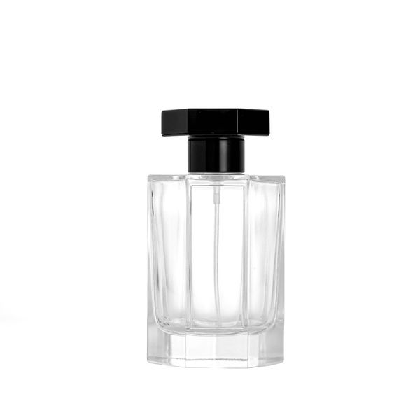 Flacon pulvérisateur de parfum avec couvercle en plastique noir, atomiseur, récipient d'emballage cosmétique de haute qualité, 100 ml, fond épais vide, six côtés ronds en verre transparent, flacons rechargeables à sertir