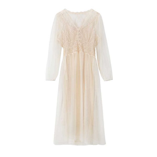 PEUT-ÊTRE U Beige Rose Col V Crochet Dentelle Patchwork Maille Robe À Manches Longues Empire A-ligne Midi Robe Élégante Fée D2603 210529