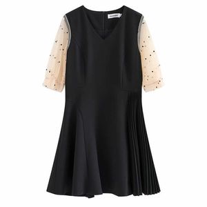 Peut-être U Noir Bleu Vintage Mesh Polka Dot Patchwork Lanterne Demi-manche V Robe d'été élégante fermeture éclair une ligne D1339 210529