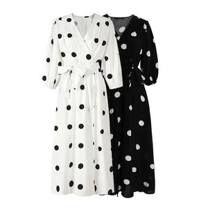 Misschien ben je zwart wit polka dot jurk v-hals 3/4 mouw maxi lange zomer casual chiffon sjerp d0561 210529