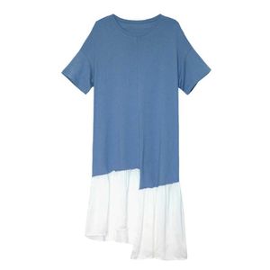 Misschien U Blue White Patchwork Asymmetrische Korte Mouw O Hals Knielengte Losse Zomerjurk Koreaanse Casual D0477 210529