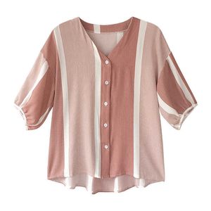 Peut-être U mousseline de soie à manches courtes rayé rouge gris col en V bouton chemisier chemise femme femme B0147 210529