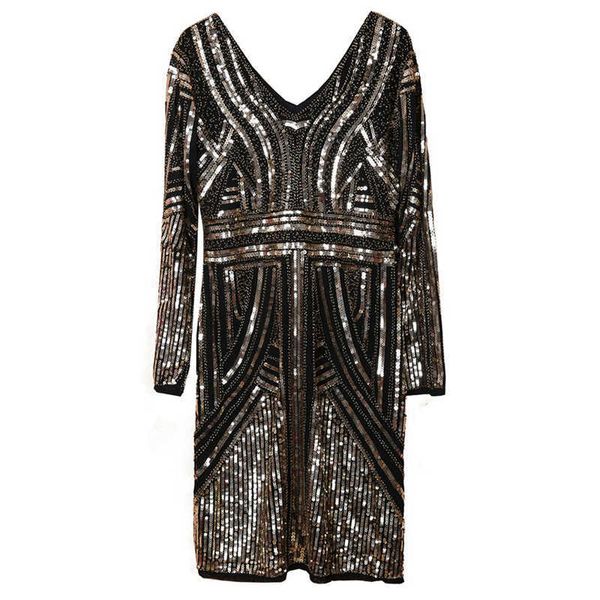 Peut-être U Elegant Club Party V cou Black Gold Bling paillettes à manches longues à manches longues Mini robe de soirée Robe d'automne D2199 210529