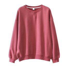 Misschien U Fleece Sweatshirts Roze Puff Sleeve Crew Neck Solid Losse Pullovers Casual Think Winter H0028 210529