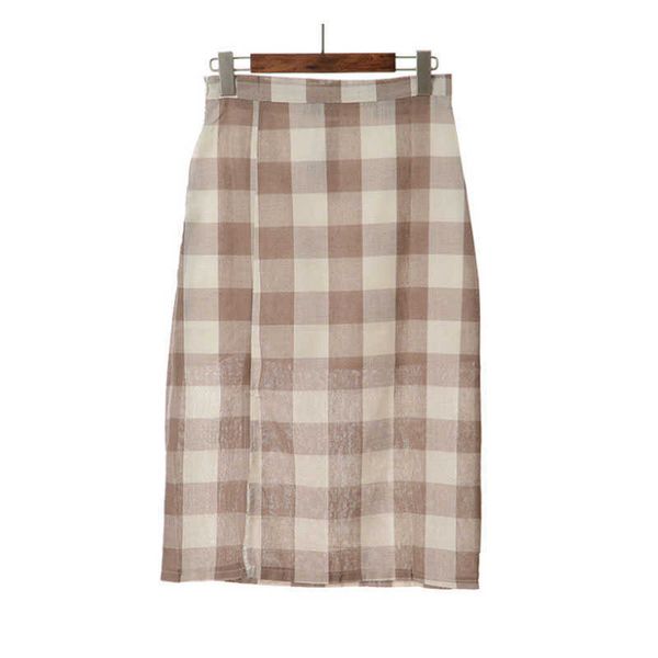 PERHAPS U Gris Kaki Plaid Split Genou Longueur Jupe Droite Empire High Street Summer S0080 210529