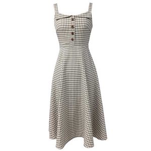 Misschien ben je Khaki Square Collar Strap Button Plaid Mouwloze Fit en Flare Midi Jurk Zomer Vintage D0465 210529