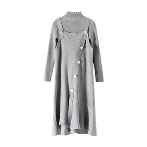 PEUT-ÊTRE U Tricoté Deux Pièces Ensemble Noir Gris Jaune Col Montant À Manches Longues Top Gilet Sans Manches Solide Genou Longueur Robe T0308 210529