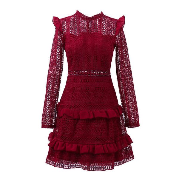 Peut-être U robe en dentelle col montant à manches longues à volants mini robe courte vin rouge noir solide printemps automne D0876 210529