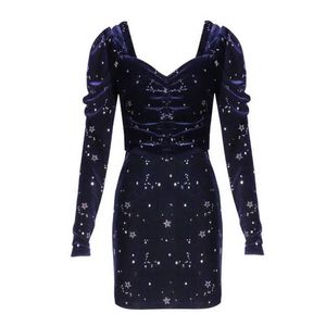 Misschien u Navy Blue Black Star Fluwelen Lange Mouw Mini Korte Potlood Jurk V-hals Print Winter Herfst Elegant Sexy D0828 210529