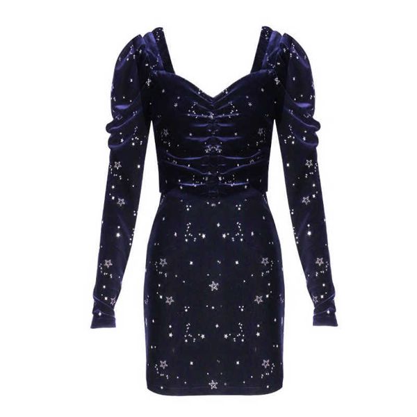 Peut-être U bleu marine noir étoile velours à manches longues mini robe crayon courte col en V imprimé hiver automne élégant sexy D0828 210529