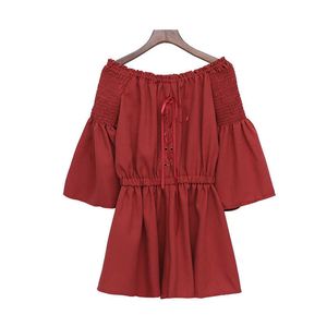 Misschien u Rood Zwart Solid Playsuits Dames Rompertjes Lace Up Flare Sleeve Off The Shoulder Sexy Beach Summer 3/4 Mouw J0031 210529