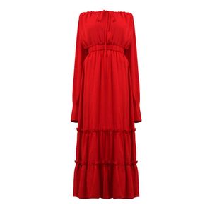 PERHAPS U Rouge Solide Slash Neck Long Sleeve Maxi Dress Off The Shoulder D1750 210529