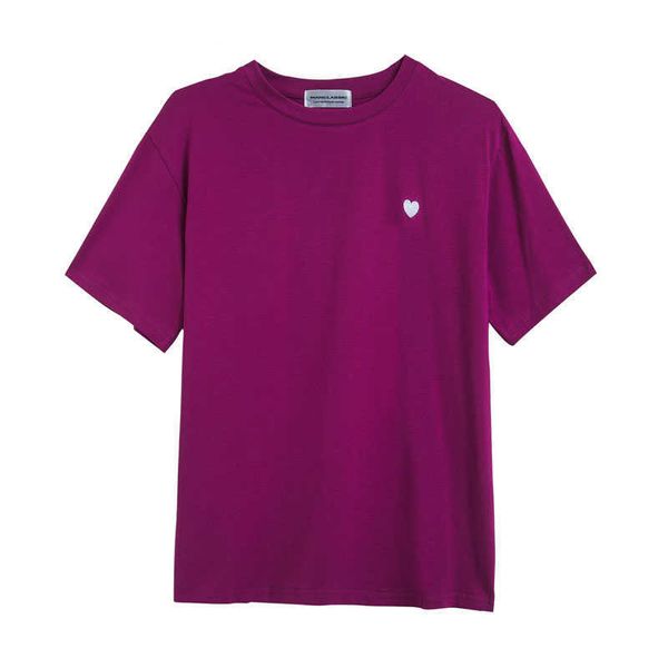 Tal vez U Rosa corazón bordado manga corta cuello redondo camisetas Tops camiseta Casual mujer B0120 210529