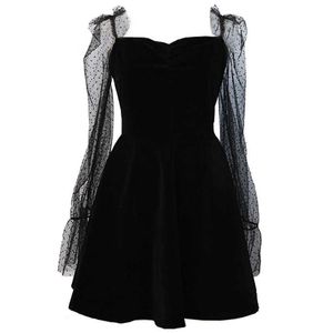 Misschien u transparant mesh fluwelen mini sexy feestjurk vrouwen lente flare mouw korte jurk zwart O hals Empire jurk D0973 210529