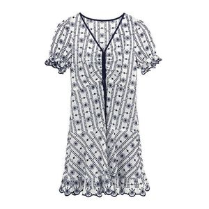 Peut-être col V cou manches courtes manches bouillantes mini robe été femmes a-line moche blanche blanc bleu marine imprimé floral D1992 210529