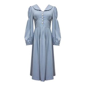 Peut-être U robe vintage bouton bleu clair à manches longues robe midi en mousseline de soie automne manches bouffantes mi-mollet D2054 210529