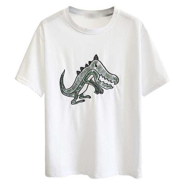 PEUT-ÊTRE U Blanc Dinosaure Broderie Vert À Manches Courtes O Cou T Shirt Tops T-shirts Femmes Femme B0109 210529