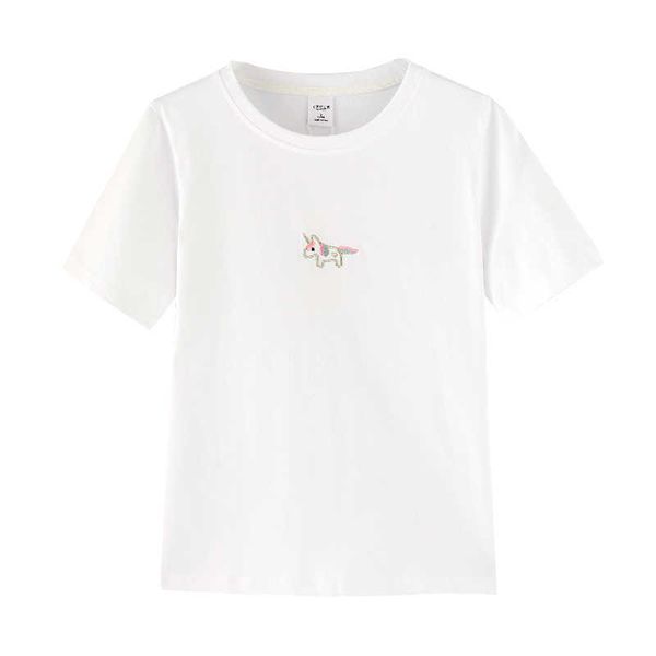 Quizás U White Tees Top T Shirt Manga corta Unicornio Bordado O Cuello Verano B0108 210529