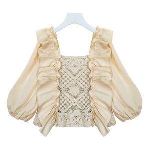 Tal vez u mujeres beige blanco sólido top camisa slash cuello manga corta primavera verano manga soplo encaje ahueca hacia fuera blusa B0640 210529