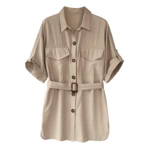 Misschien u Vrouwen Zwart Khaki Sash Korte Mouw Turn Down Collar Losse Casual Lange Shirt Pocket B0300 210529