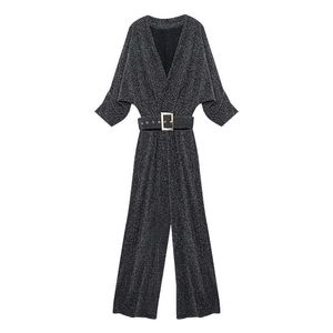 Quizás U Mujeres Negro Plata Lerux V Cuello Sólido Media manga Longitud completa Mono Sash Wrap J0062 210529