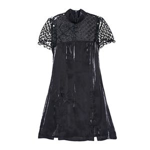 Peut-être vous femmes noires se solide net couche manche bouffée manche courte une ligne mini robe Summer plage féminin de style chinois D1964 210529