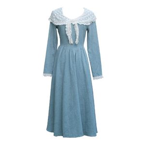 PERHAPS U Femmes Bleu Maxi Robe Col Noeud Dentelle Manches Longues Empire Vintage Robe D2198 210529