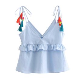 Tal vez U mujeres azul sólido volante cuello en V Tops borla con cordones sin mangas tanque Camis bohemio B0331 210529