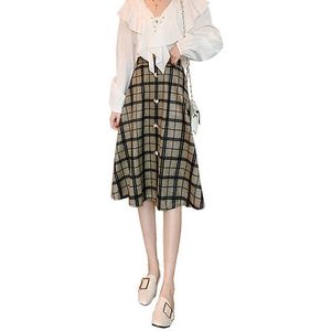 Misschien u vrouwen schattig rok hoge taille grijze koffie plaid knielengte rokken saias elegante Koreaanse mori meisje rok S3007 210529