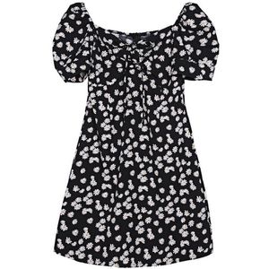 Peut-être U Femmes Femmes Daisy Black Flower Imprimer Collier Square à manches courtes A Ligne Mini Robe Été Plage Femme D2649 210529