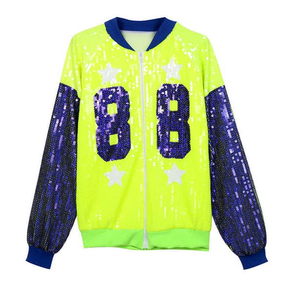 PEUT-ÊTRE U Femmes Fluorescent Vert Orange Argent Lettre Numérique Paillettes Fermeture Éclair À Manches Longues Bomber Veste Baseball Uniforme C0447 210529