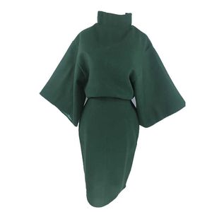 Misschien u vrouwen groene massieve sweatshirt knielengte rok rits potlood 2 twee stukken set elegante winter turtleneck T0069 210529