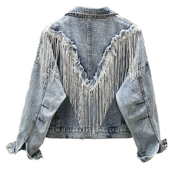 Peut-être U Femmes Veste en denim bleu clair Turn Down Collier à manches longues Bouton Tassel Veste courte C0513 210529