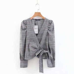 Misschien U Dames Lange Volledige Mouw V-hals Office Dame Grijs Plaid Top Blouse Wrap Shirt B0248 210529