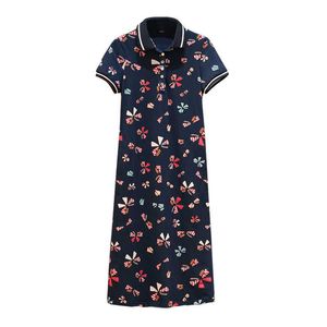 Peut-être U Femmes Bleu Marine Col Rabattu Imprimer Coton T-shirt Robe À Manches Courtes Bouton Longueur Au Genou Robe Oversize D2577 210529