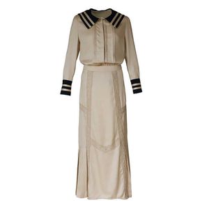 Peut-être U Femmes Polyester Beige Sailor Collier À Manches Longues Vintage Empire Jupe Longue Solide Deux Pièces Ensemble T0049 210529