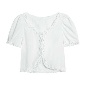 Misschien u vrouwen bladerdeeg mouw korte mouw shirt blouse zomer wit effen ruche korte bijgesneden v-hals B0630 210529