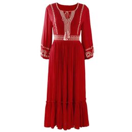 Misschien u vrouwen rode O-hals strik Boheemse borduurwerk lange mouw Empire strand vakantie Midi jurk lente zomer indie folk D2437 210529