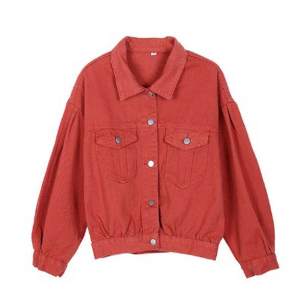 Tal vez U Mujeres Chaqueta de mezclilla recortada corta Botón Mangas largas Chaquetas Turn Down Collar Puff Manga Púrpura Rojo Caqui C0164 210529