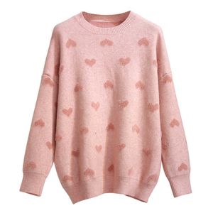 Quizás u mujeres suéter cuello redondo jerseys de punto manga larga rosa corazón suelto invierno m0090 210529