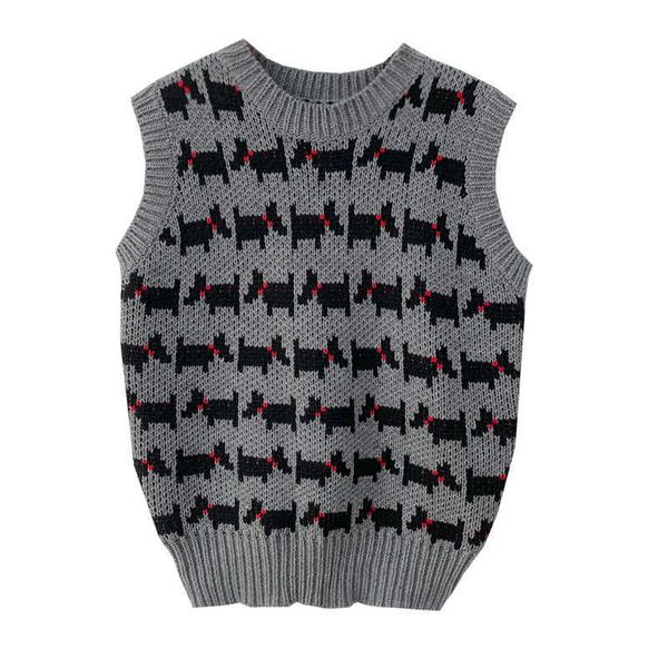 PEUT-ÊTRE U femmes gilet pull col rond tricoté pull sans manches gris rouge chien hiver Preppy Style M0232 210529