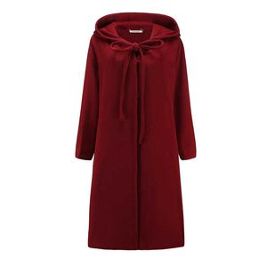 Misschien u vrouwen vintage rode wollen jas lange mouw hooded kraag veter-up boog winter mantel lange jas C0353 210529