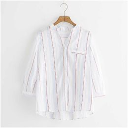 Peut-être U Femmes Blanc Bleu Rouge Rayé Mandarin Col Bouton 3/4 Trois Quarts Manches Chemise Blouse B0068 210529