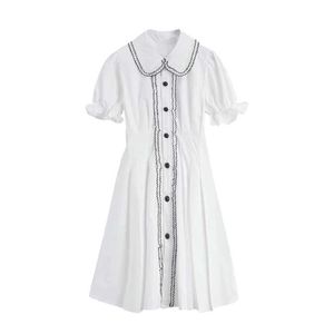 PEUT-ÊTRE U femmes blanc col claudine bouffée à manches courtes simple boutonnage a-ligne Mini robe été femme D2635 210529