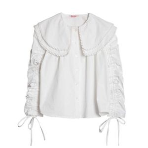 Misschien ben je vrouwen wit shirt Peter Pan Collar Ruched Trekkoord Single-Breasted Lange mouw Solid Blouse Shirt B0781 210529